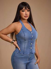 Forever 21 Plus Size Front Button Backless Halter Neck Denim Top - Blue - View 4