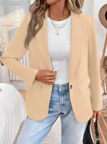 SHEIN LUNE Chaqueta de mujer con cintura ceñida y abotonada, color gris-verde, nueva colección Otoño/Invierno 2024 - Caqui - Ver 8