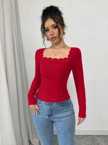 Gloray Blusa de manga larga y cuello ajustado con elegante ondulación francesa de color negro para mujer - Rojo - Ver 3