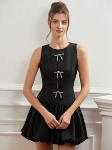 Chiquease Elegant & Delicate Round Neck Sleeveless Halter Design Heavily Embellished Sequin Bow Decor Ruched Flare Hem Mini Dress For Women   Old Money Style For Summer Spring Fall Autumn - Black - View 5