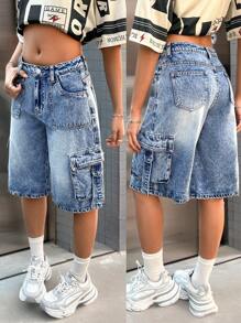 SHEIN Teen Girl's Y2K Spring Summer Break Fashionable Low Rise Wide Leg Baggy Denim Long Shorts With Buckle Detail And Fold-Over Pockets,Summer Beach Boho Concert Rave Festival Outfits