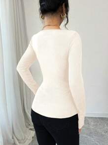 Elenzga Women's Bow Decor Minimalist Long Sleeve T-Shirt, Casual For Daily Wear For Spring - White - View 2