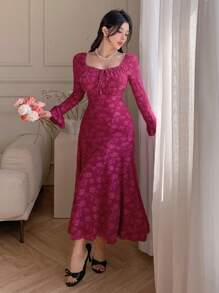 DAZY Women Square Neck Long Sleeve Textured Fabric Dress Elegant,Ruffle,Fall Dress - Burgundy - View 7