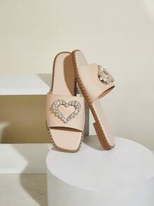 SHUZIA Women's Rhinestone Faux Pearl Decoration Fashionable & Comfortable Round-Toe Flat Sandals For Daily Wear Spring Shoes Spring Break Easter - Beige - View 6