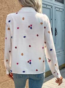 INAWLY Solva Women's Vacation Floral Embroidery Long Sleeve Single-Breasted Pocket Blouse Fall Cloth For Women - White - View 3