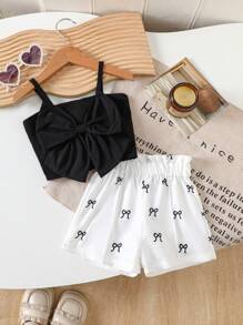 Summer Baby Girl Black Suspender Big Bow Short Top Paired With White Bow Printed Shorts Two-Piece Set, Personalized And Stylish