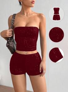 SHEIN Unity Women Solid Color Sequin Bandeau Top And Bodycon Shorts 2 Pieces Set - Burgundy - View 1