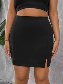 SHEIN PETITE CURVE 大尺碼純色休閒百搭開衩裙 - 黑色 - 查看 3