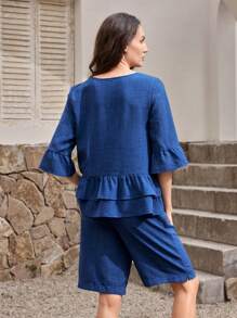 EMERY ROSE 2pcs Vacation Elegant Solid Color Off Shoulder Ruffle Trim Round Neck Blouse And Shorts Set For Women - Blue - View 2