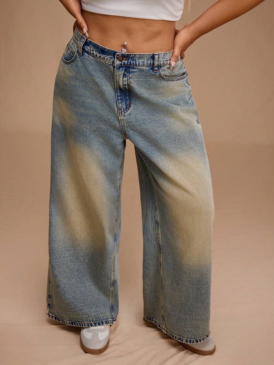 Forever 21 夏季新款复古水洗低腰休闲宽松大码女式牛仔裤 - 藍色 - 查看 1