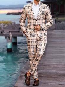 Calvornis Gift For Boyfriend, Men's Regular Plaid Print Casual Suit Two-Piece Suit, Lapel Collar Long-Sleeved Jacket And Pants Suit, Casual Wear