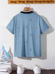 SHEIN Leap Crew Tween Boy Casual All-Over Print Short Sleeve Polo Shirt - Dusty Blue - View 6