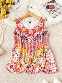 SHEIN LUNE 大码无袖圆领印花背心，适合夏季休闲外出图案 T 恤女式上衣