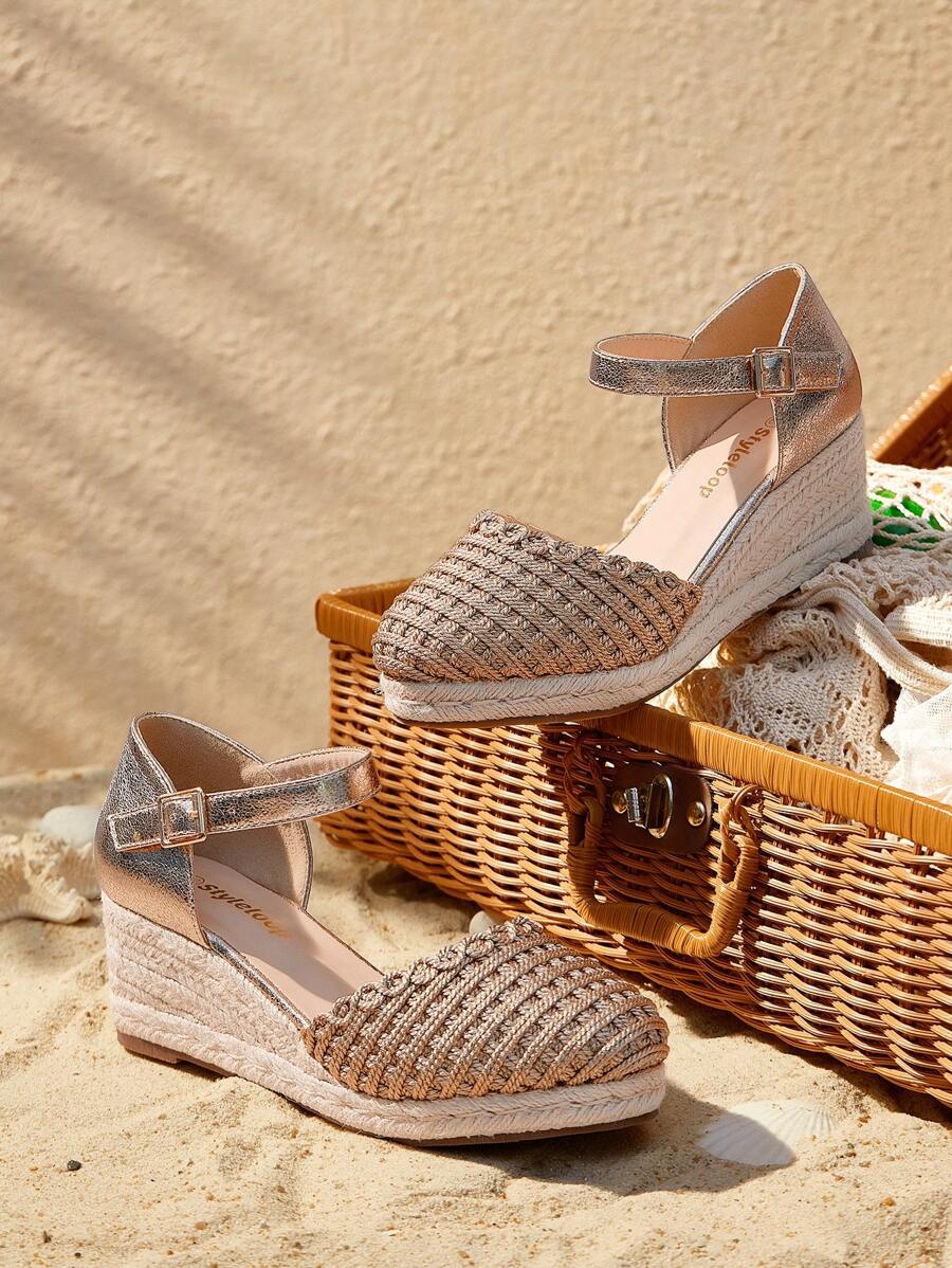 Styleloop Women's Woven Rope Platform Wedge Sandals, Boho Style, Retro American Western Music Festival Party Outfit For Christmas - Champagne - View 1