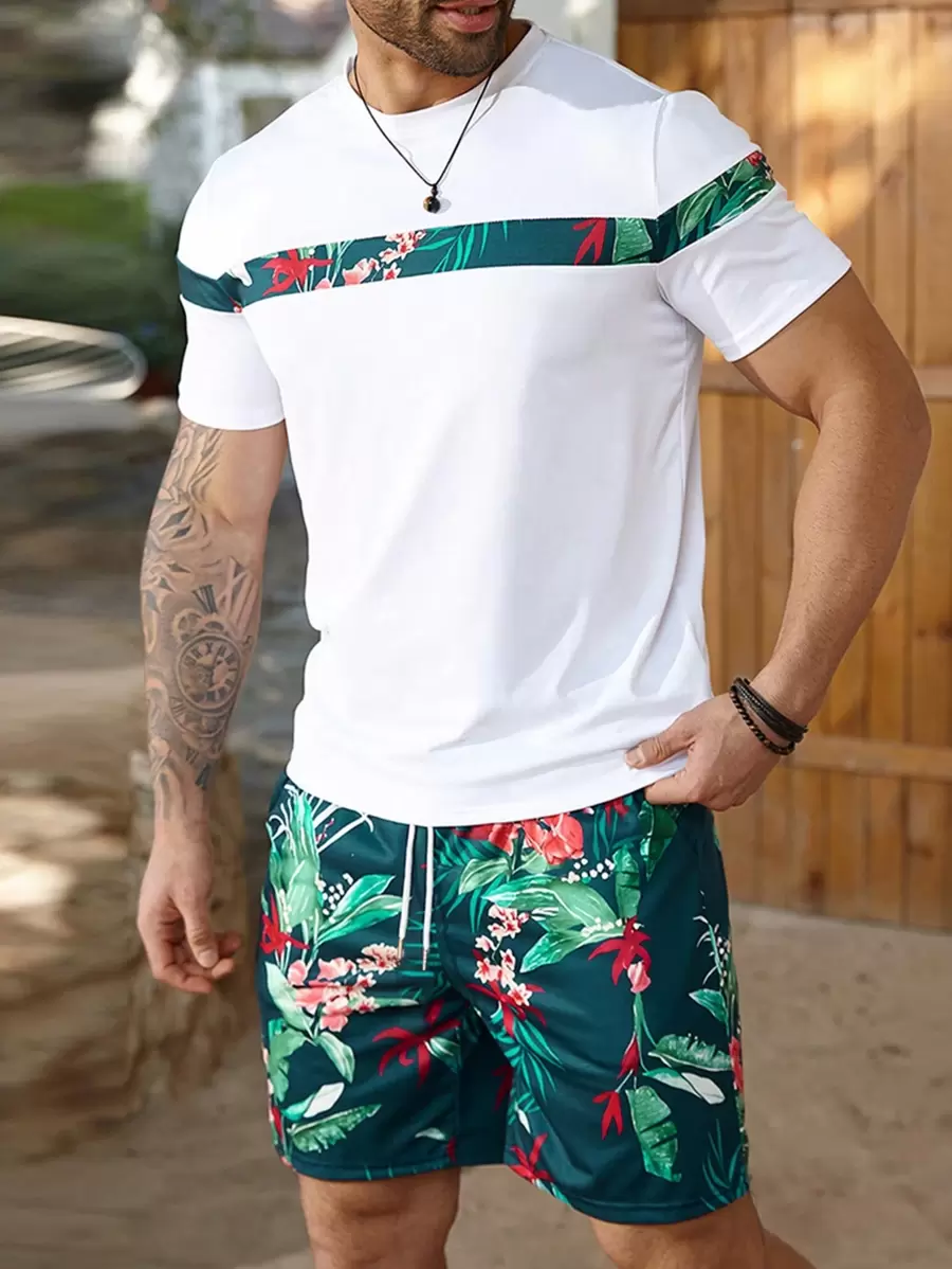 ResortEase 2pcs/Set Plus Size Men's Tropical Print Short Sleeve Top And Drawstring Waist Shorts Set, Suitable For Holiday & Beach - Multicolor - View 1