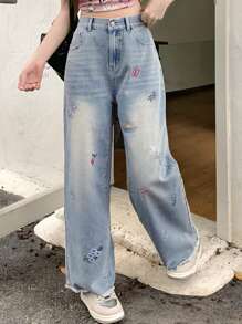 DAZY Women's Floral Embroidered Pocket Straight Leg Loose Fit Jeans - Baby Blue - View 1