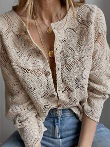 Calvaya Cárdigan con botones delanteros con perforaciones, cárdigan de manga larga de moda adecuado para primavera y otoño, cárdigan de mujer de unicolor con escote en V delantero abierto y perforaciones, cárdigan casual con dobladillo con volantes y botones delanteros de manga larga