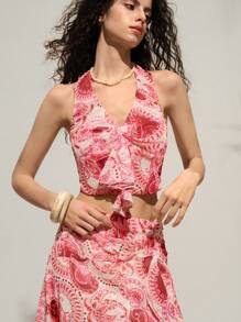 SHEIN LUNE Conjunto de 2 piezas de top halter estampado floral y mini falda de estilo bohemio y vacaciones para mujeres, atuendo de vacaciones para mujeres