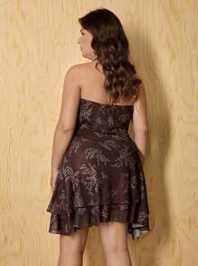 SHEIN MOD Vestido vintage con cuello halter drapeado al frente y estampado floral marrón