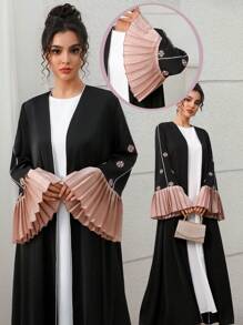 Yasmyna Abaya larga con mangas abullonadas de color bloque plisada, vestido modesto - Negro - Ver 3