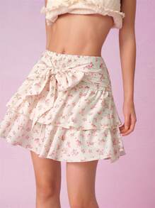 SHEIN MOD 高腰扎带前蝴蝶结碎花裙，夏季裙子，外出裙，波西米亚女装，乡村女装，西式，复活节，海滩，音乐节 - 彩色 - 查看 4