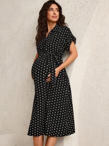 MaterniWear Maternity Polka Dot Print Short Sleeve Casual Shirt Dress Spring Women's Clothing