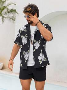 Manfinity Swimmode Men Floral Print Short Sleeve Single Breasted Shirt & Shorts Beach Suit Set Man Swim Trunks