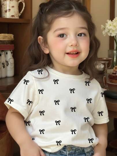 SHEIN Cute Bow Print, Baby Girl Casual Minimalist Short Sleeve Crew Neck Top, Suitable For Summer