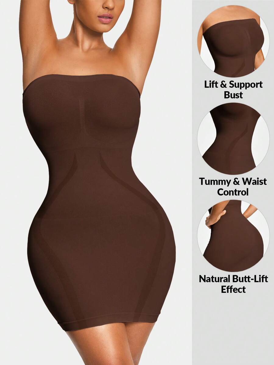 SHAPORA Women's Solid Color Seamless Strapless Mini Bodycon Dress - Chocolate Brown - View 1