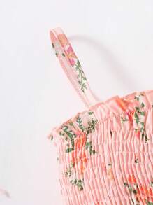 SHEIN Baby Girl Summer Spaghetti Strap Bodysuit With Layered Ruffled Hem, Cute Daily Outing Necessity - Orange - View 3