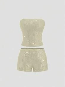SHEIN Unity Bộ 2 áo liền quần và quần short sequin trơn màu đơn giản thời trang dành cho nữ - Màu be - Xem 4