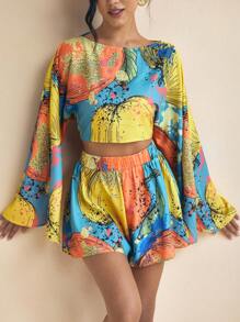 SHAQUITA GARCIA Designer Women's Yellow And Blue Summer Vacation Print Round Neck Flared Long Sleeve Top & Stretch Shorts