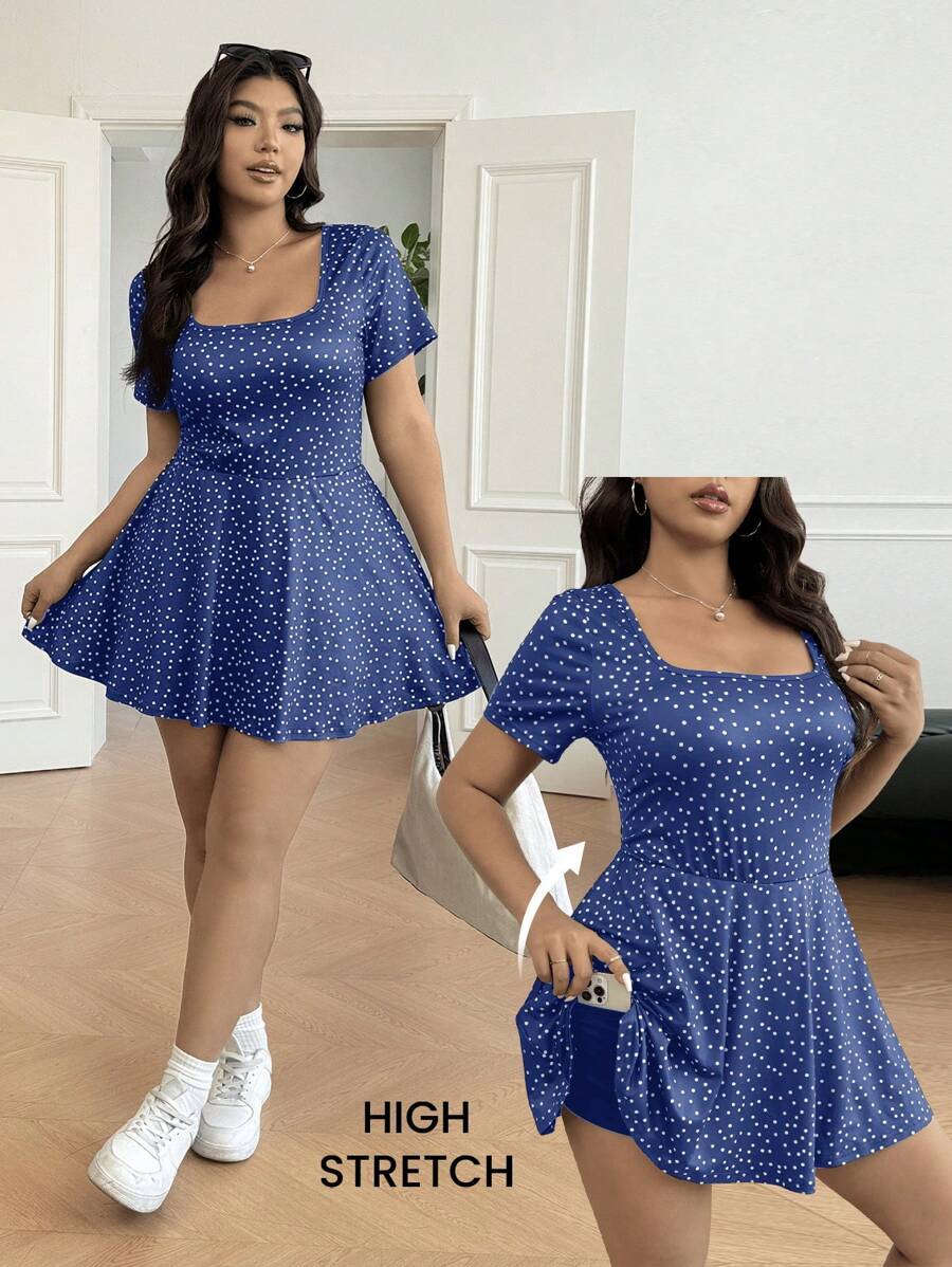 SHEIN EZwear Plus Size Polka Dot Comfortable Built-In Shorts Jumpsuit Dress, With Pockets, For Spring/Summer - Navy Blue - View 1