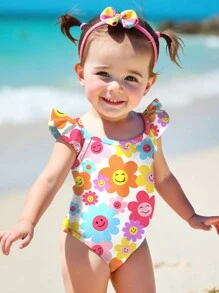 SHEIN Baby Girls Casual Minimalist Slim Fit Sling One-Piece Swimsuit, Suitable For Summer - Multicolor - View 1