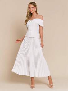 Amorya Set de 2 piezas con top hombros descubiertos de doble botonadura y falda plisada tipo línea A para mujer, romántico blanco boda