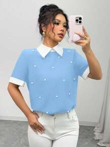 Elenzga 女式春夏拼色珍珠铆钉领短袖衬衫 - 藍色 - 查看 3