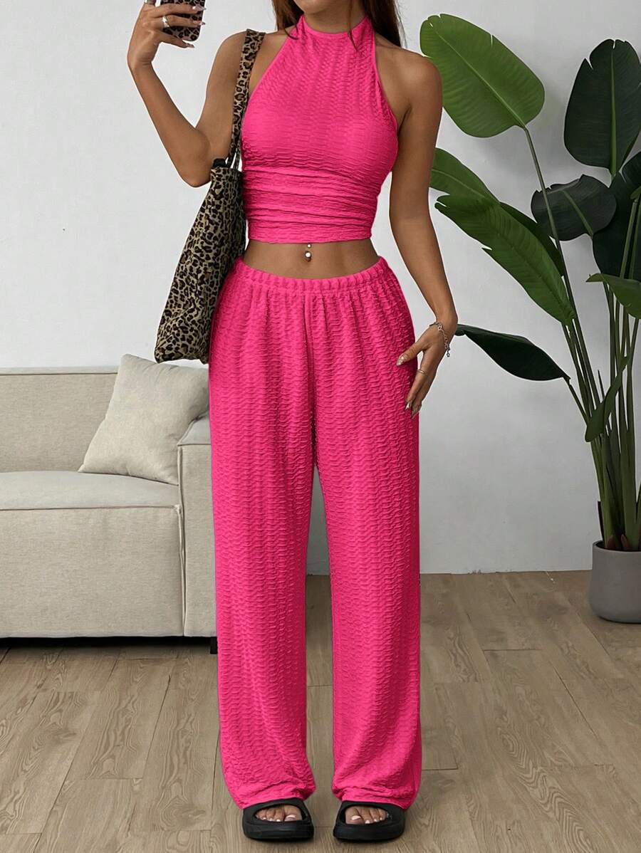 SHEIN EZwear Bộ đồ thường ngày cho nữ áo hở lưng màu đỏ hồng và quần nỉ bó sát - Màu Hồng Tươi - Xem 1
