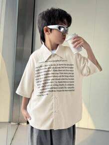 2pcs/Set Tween Boys' Casual Korean Style Letter & Graphic Print Short Sleeve Polo Shirt And Loose Woven 3/4 Pants Outfit