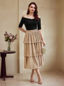 Vintamour Retro Elegante Vrouwen Geplooide Rok, Losse A-lijn Uitlopende Rokken, Khaki Kleur, Lente & Zomer
