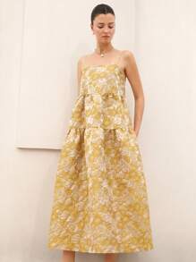 Aveloria Rosie Elegant Vintage Jacquard Jacquard Slip Dress With Oversized A-Line, Patchwork Design For Women, Mid-Length Boho Vacation Fashionable Style All Over Print Floral PRINT For Summer