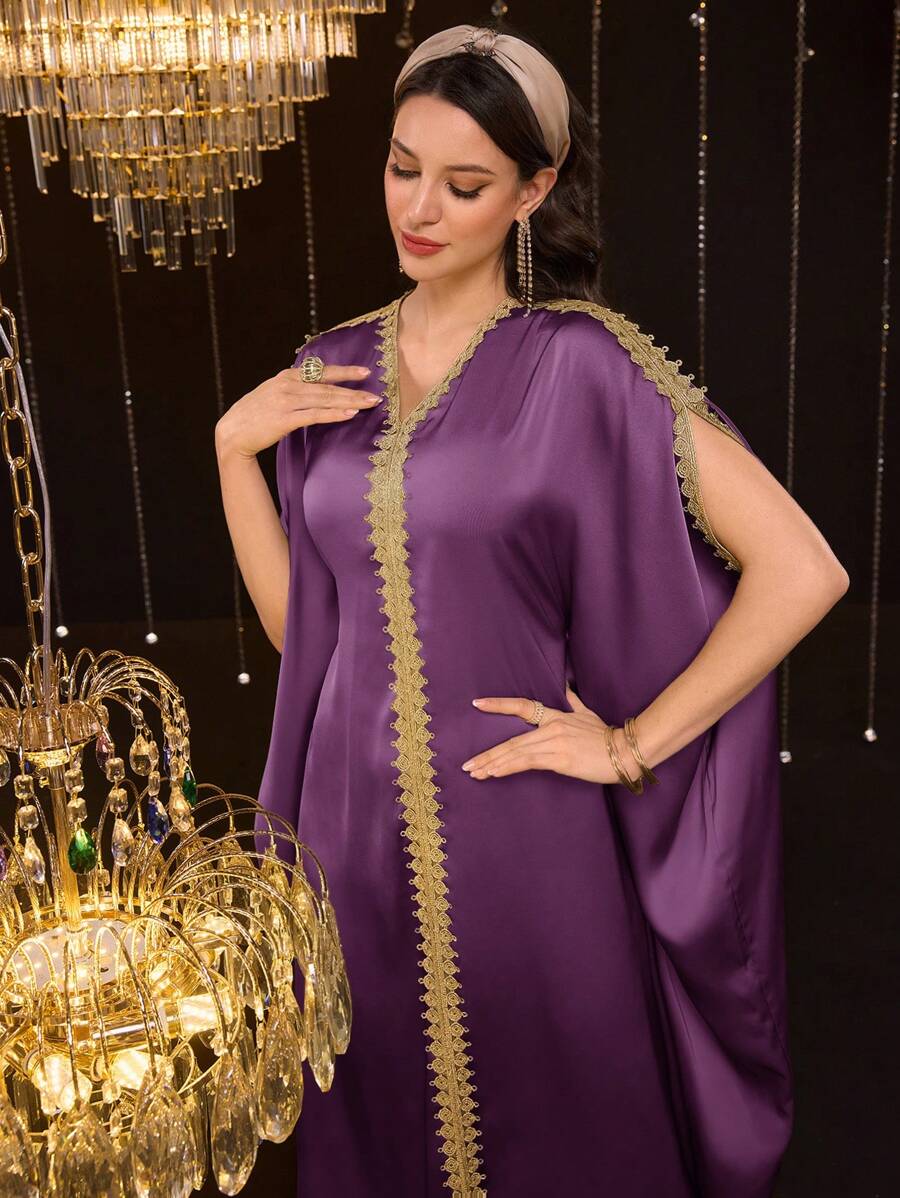 Al Najma 女式 V 领撞色蕾丝蝙蝠袖宽松土耳其风格连衣裙，长袍 - 紫色 - 查看 1