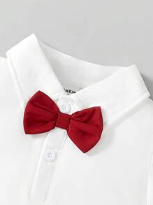 SHEIN 2025 新款男婴绅士正装，2 件套时尚可爱迷你西装，配短袖衬衫和吊带裤，蝴蝶结领口装饰，红白配色，简约而优雅，适合日常穿着、家庭聚会，展现低调的奢华！ - 彩色 - 查看 3