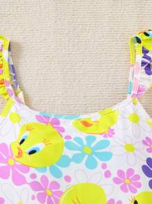 LOONEY TUNES X SHEIN Tween Girl Floral And Bird Tweedy Print Ruffle One-Piece Swimwear With Purple Beach Skirt, For Spring And Summer. - Mauve Purple - View 5