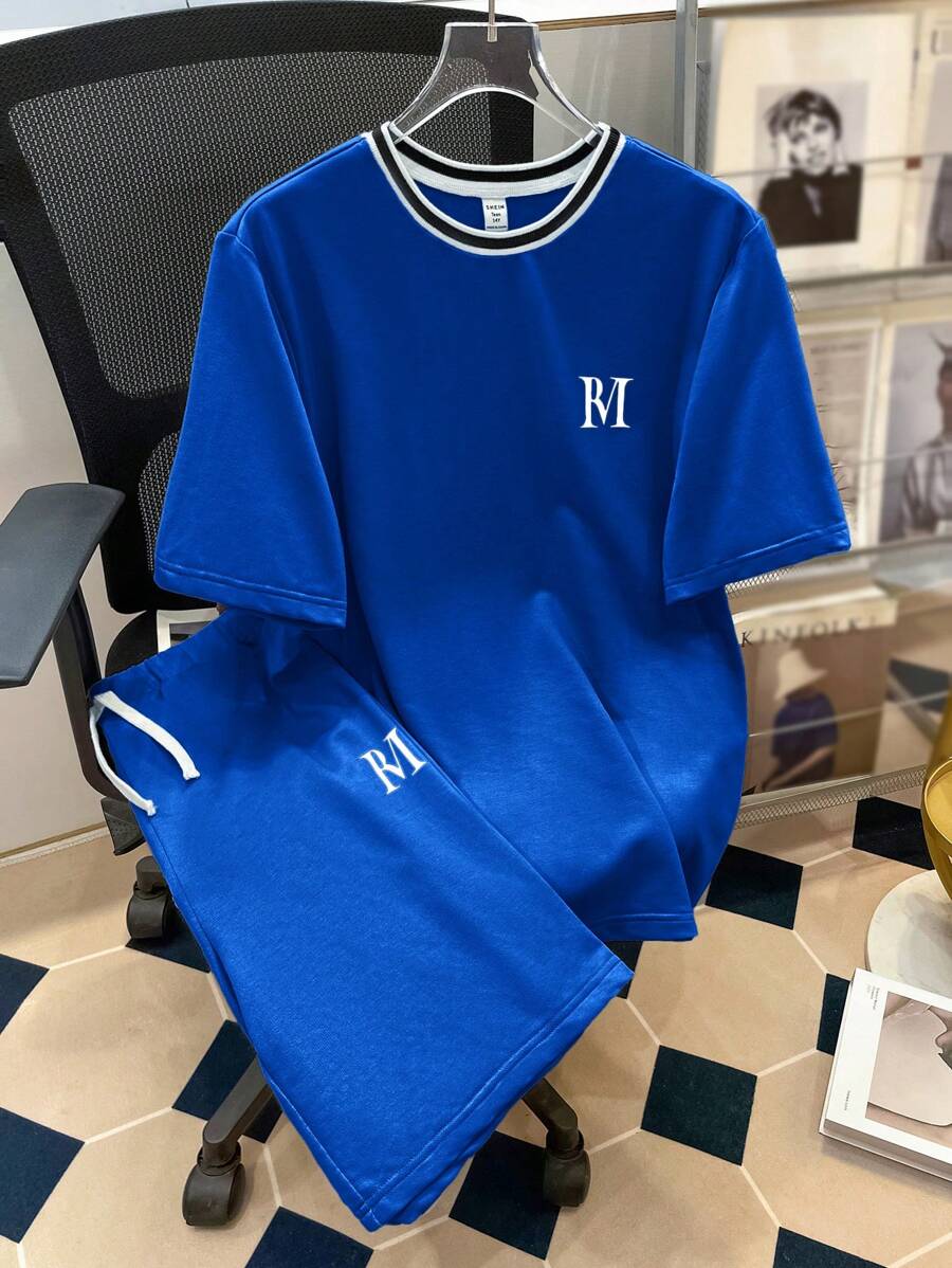 SHEIN Leap Crew 2 Pieces Casual Outfit For Teen Boys: Colorblock Polo Collar T-Shirt With English Print & Letter Graphic Drawstring Shorts Set