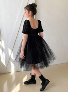 DAZY 青少年女孩时尚亮片撞色网眼泡泡袖连衣裙，女孩夏季服装，返校服装 - 黑色 - 查看 2