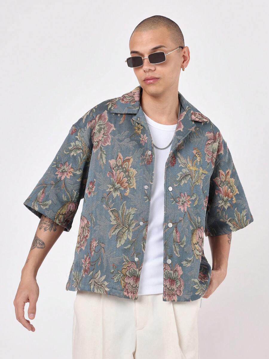 SUMWON 复古挂毯花卉短袖纽扣衬衫宽松夏季度假装休闲度假海滩夏威夷风格节日上衣