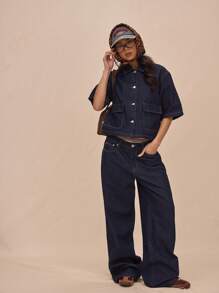MUSERA Boxy Fit Collared Button Through Mid Sleeve Denim Top Only Summer Casual Cute Vacation The Book Shop Festival Concert Western Back To School Streetwear Work Office Fall Autumn Winter Nashville