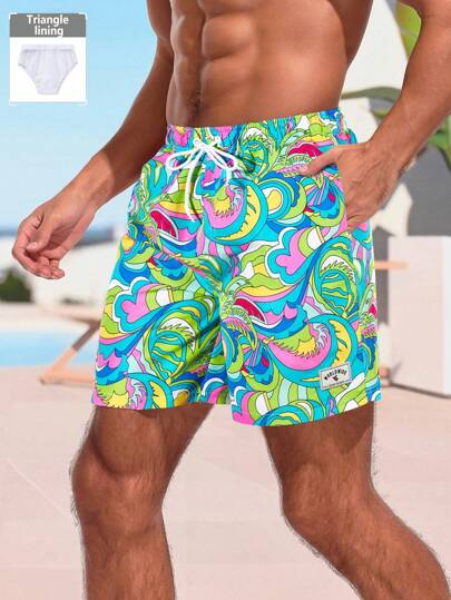 Surfspeed Men's Front Tie Pocket Print Shorts, Simple Design Casual Vacation