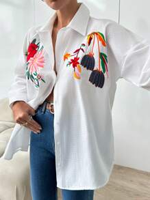 EURMUSE Übergroße Asymmetrische Langarmhemd Mit Stickerei Und Blumendruck Für Damen