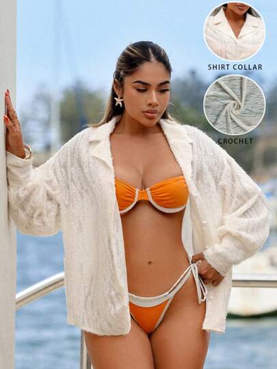 SHEIN SXY 女式提花落肩长袖单排扣休闲宽松衬衫、海滩度假装、女式海滩罩衫、女士度假装、女士夏季装、女士夏季连衣裙、绿色、女士海滩装、外出装、邮轮装